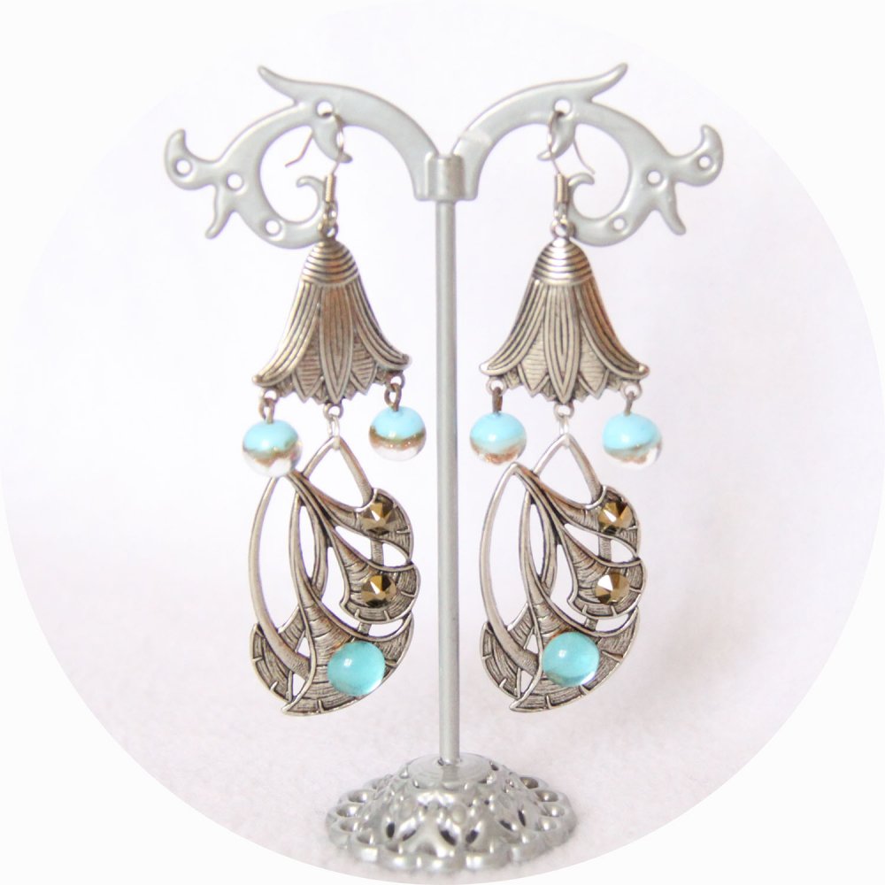 Boucles d'oreille fleur de lotus argent et verre filé bleu--9995968808427