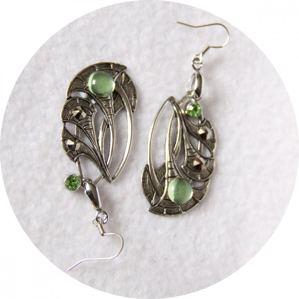 Boucles d'oreille fleur de lotus argent et verre vintage vert--9996143726802