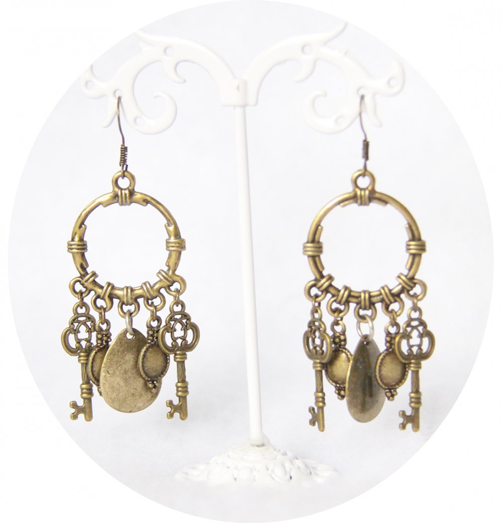 Boucles d'oreille pendantes clés bronze--2226754490302