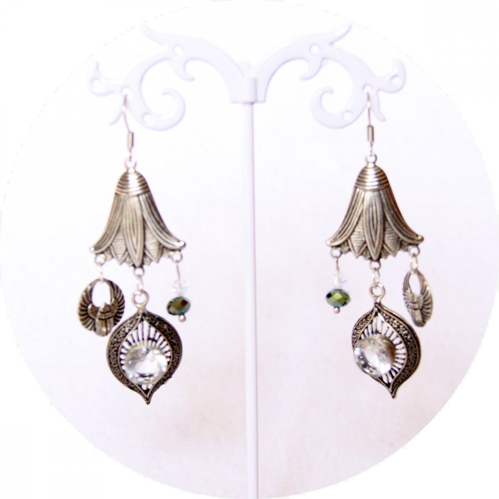 Boucles d'oreille Scarabée et fleur de lotus argent et cristal Swarovski--9996143722354