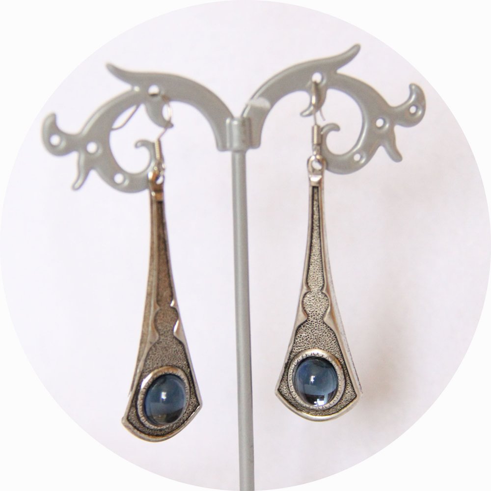 Boucles d'oreilles baroque pendantes bleue et argent--9996143338302