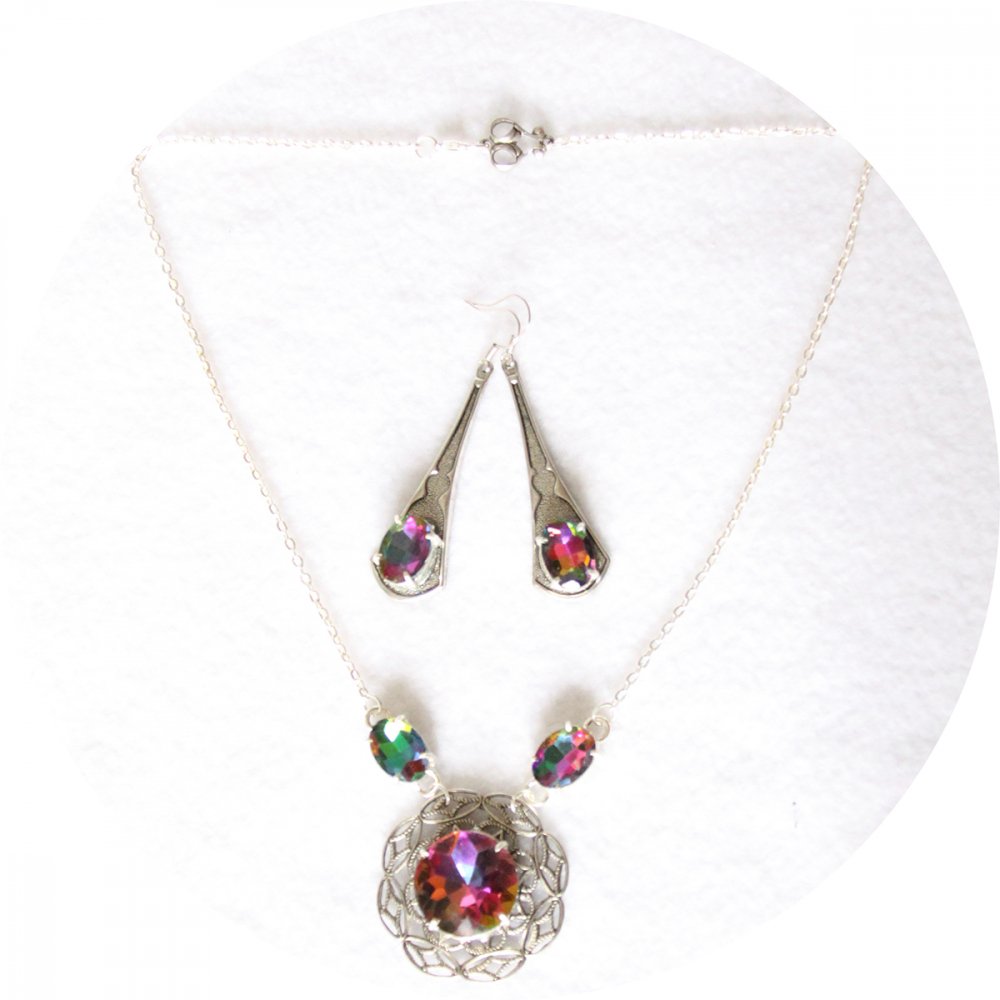 Boucles d'oreilles baroque pendantes vitrail et argent--9996143341708