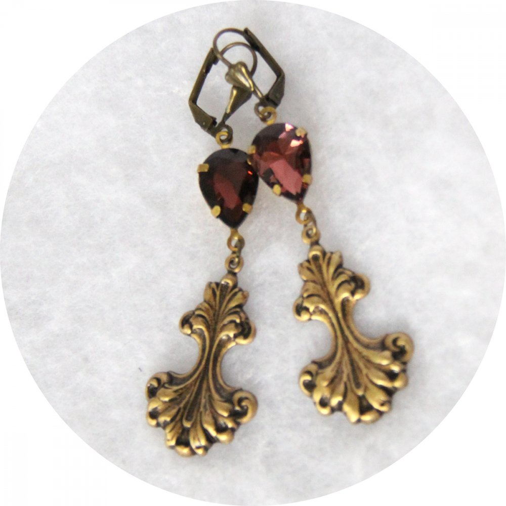 Boucles d'oreilles Baroques bronze avec goutte violine--2226754504078
