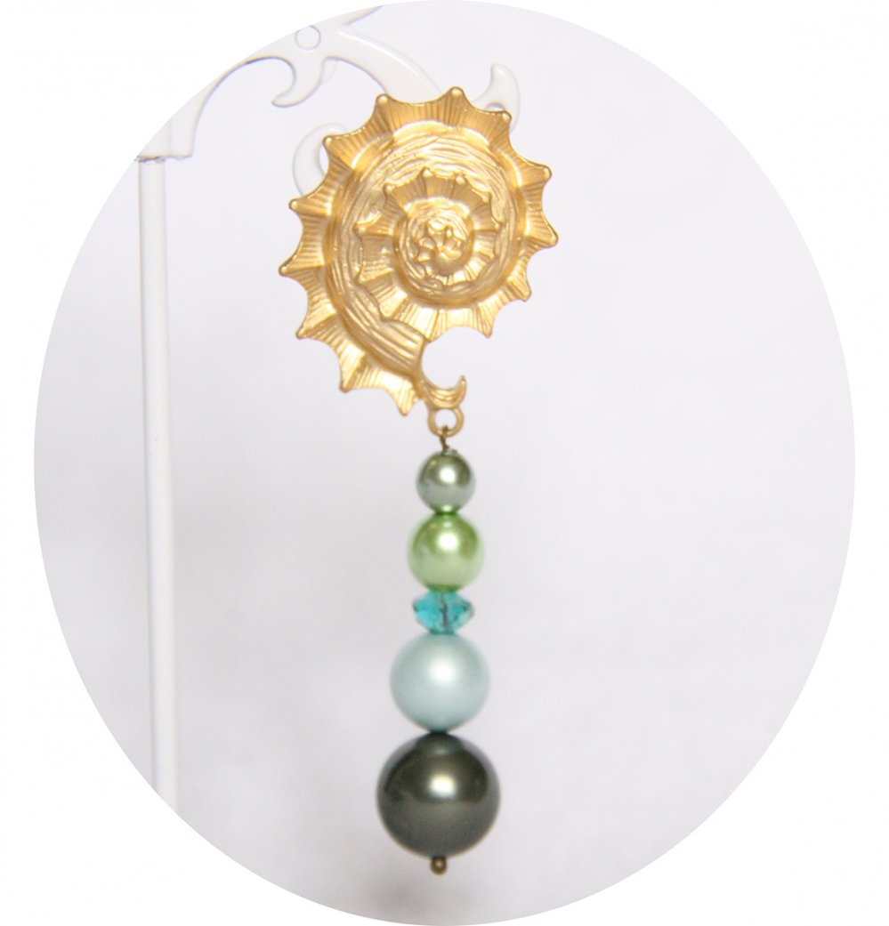 Boucles d'oreilles coquillage doré et perles de nacre bleu vert--9996134981869