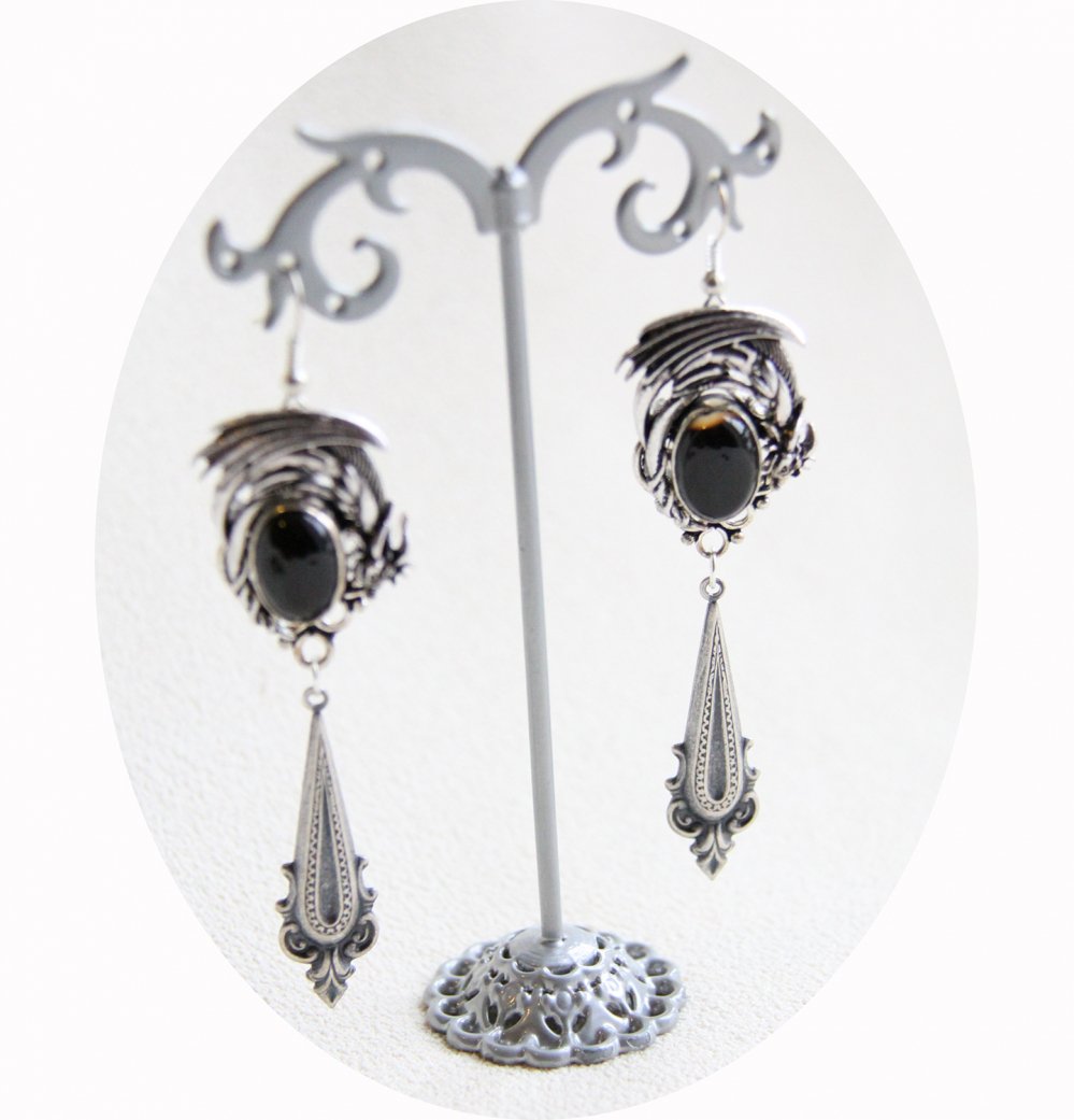 Boucles d'oreilles Dragon argent et pierre noire à breloque baroque inspirées par Daenerys dans Game of Thrones--9995849942936