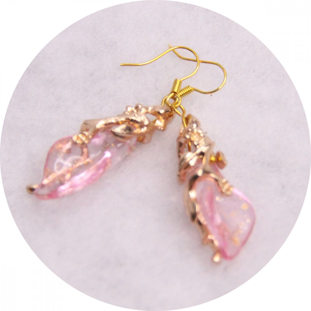 Boucles d'oreilles elfiques pétale rose et feuillage doré--2226745477251