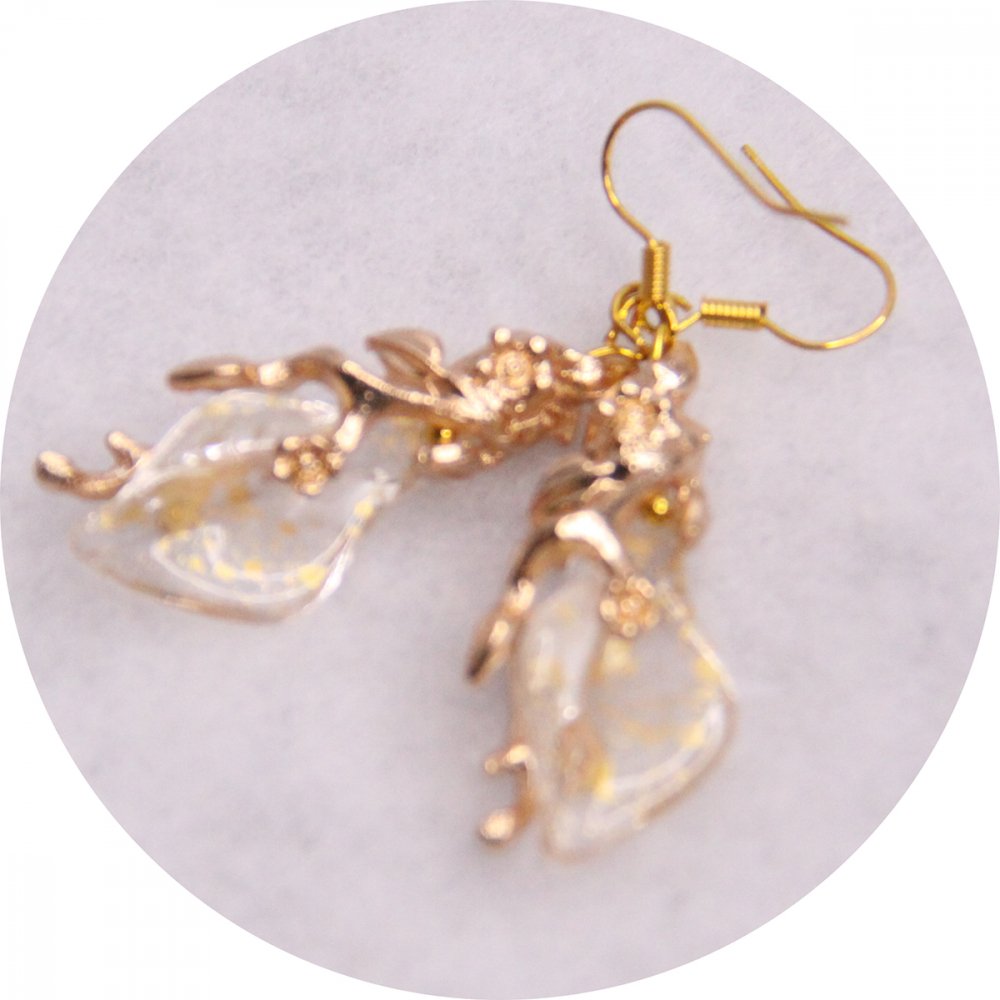 Boucles d'oreilles elfiques pétale transparent et feuillage doré--2226745478487