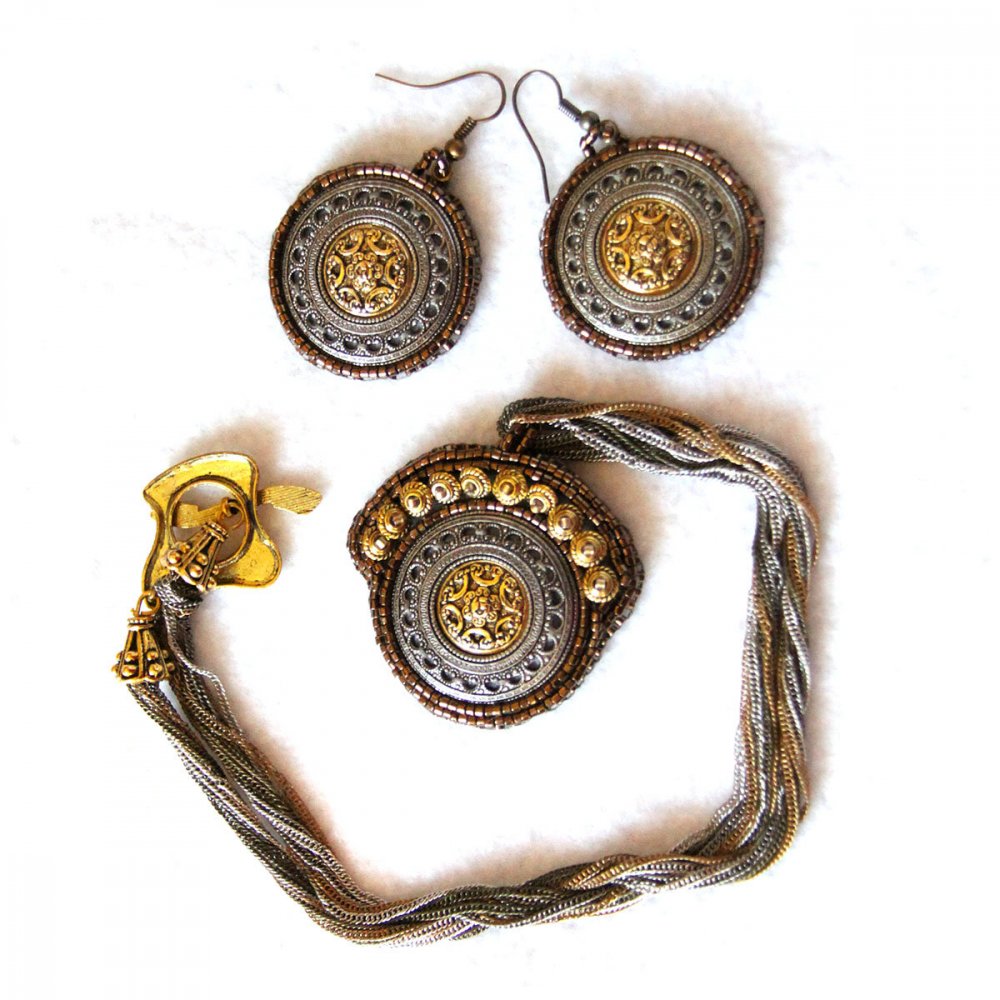Boucles d'oreilles Esprit Antique médaillon en métal couleur or argent bronze brodé de perles bronze--9995494785995