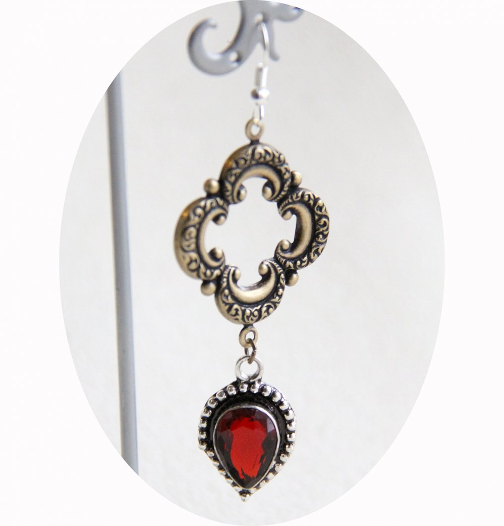 Boucles d'oreilles Esprit Antique médaillon en métal couleur bronze et rouge rubis--9995849964822
