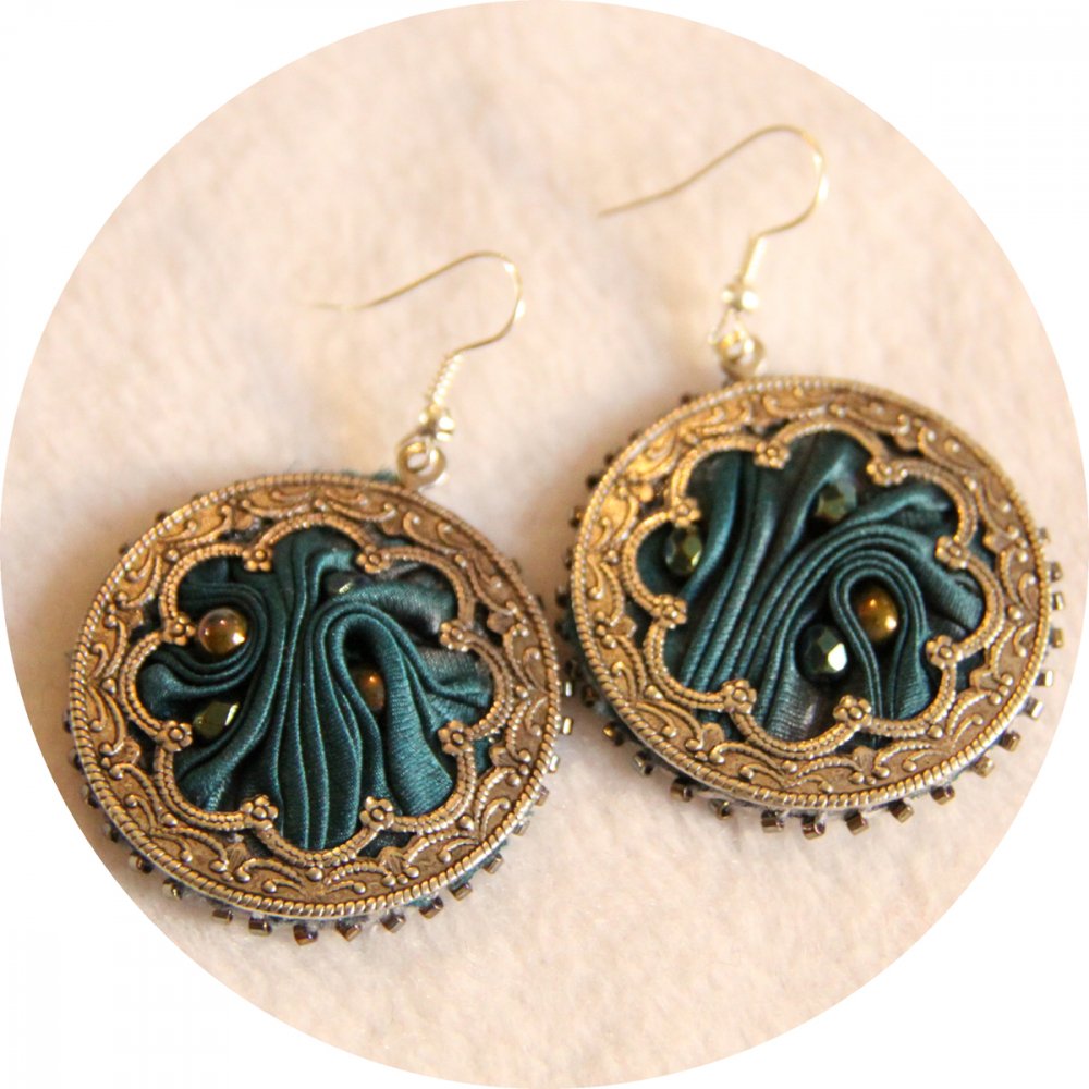Boucles d'oreilles esprit médiéval rondes vert et bronze--2226412871382