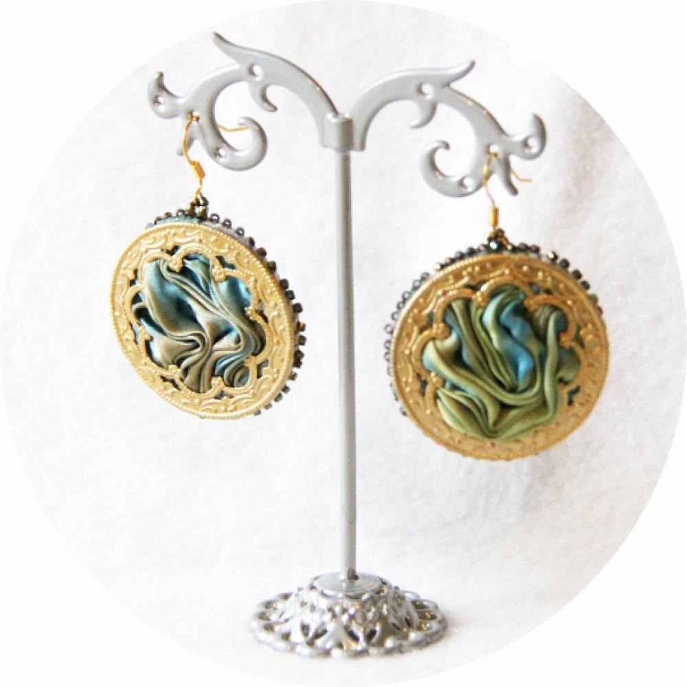 Boucles d'oreilles esprit médiéval rondes vert et bronze--2226412871382