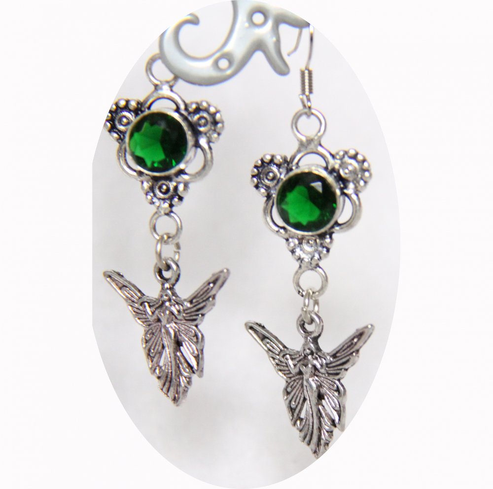 Boucles d'oreilles fée argent et cristal vert--9995932390781