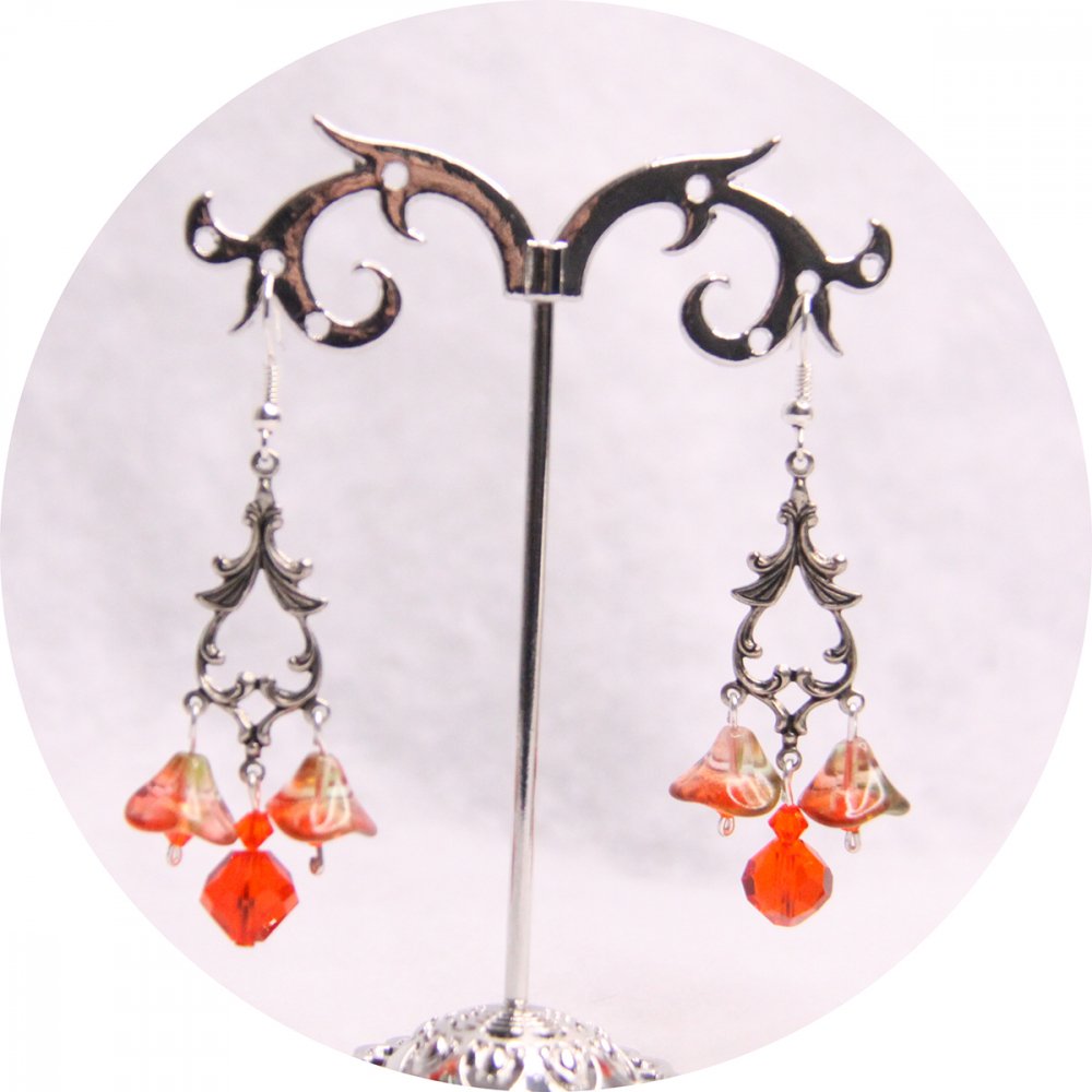 Boucles d'oreilles florales argentées à fleurs orange--2226740681899