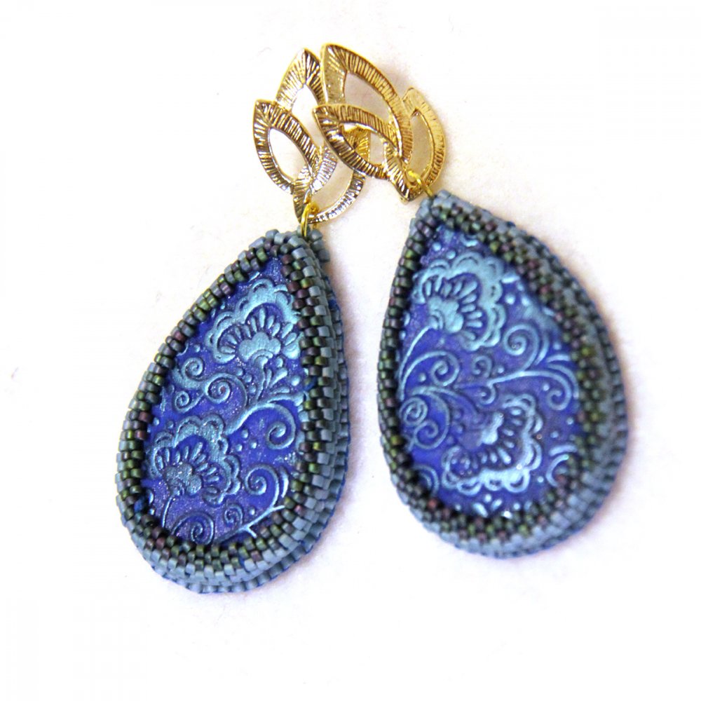 Boucles d'oreilles goutte bleue et doré motif floral--2226415509978