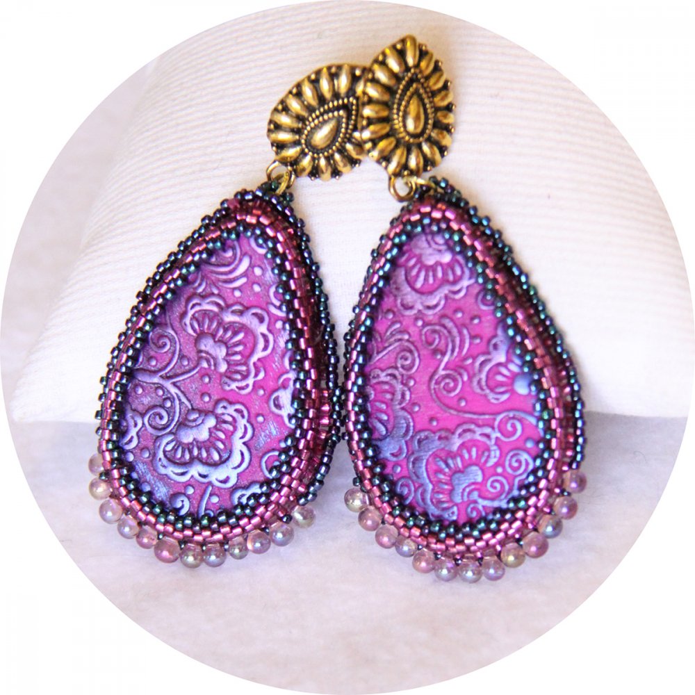 Boucles d'oreilles goutte rose et doré motif floral--2226458966004