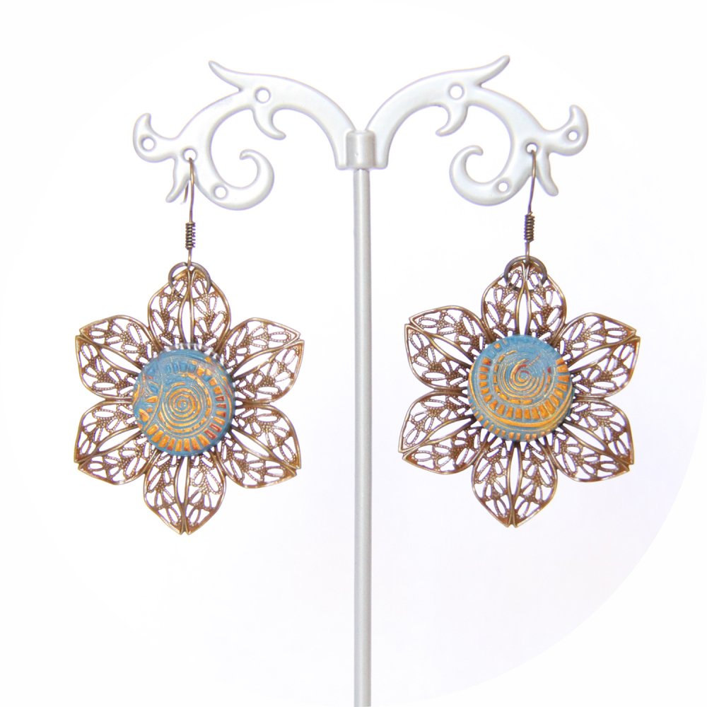 Boucles d'oreilles légères fleur bleu azur et bronze--9995861635243