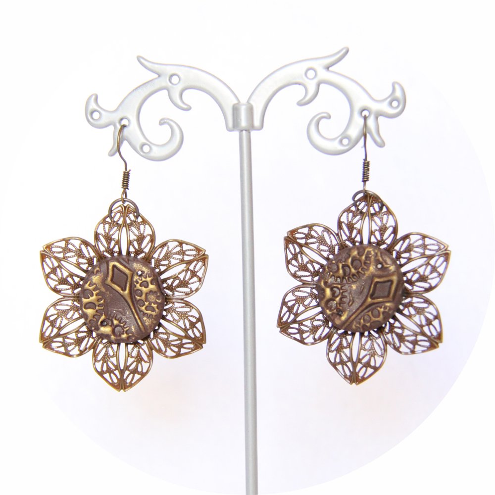 Boucles d'oreilles légères fleur marron et bronze--9995861644795