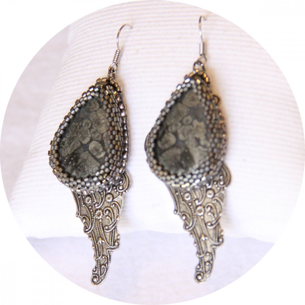 Boucles d'oreilles marcassite gris anthracite broderie de perles japonaises--2226458980055