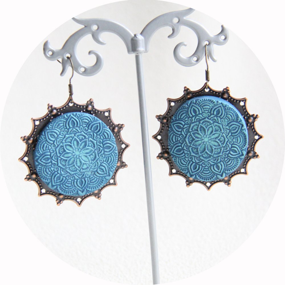 Boucles d'oreilles médaillon rond mandala bleu  ou noir--9995862035691