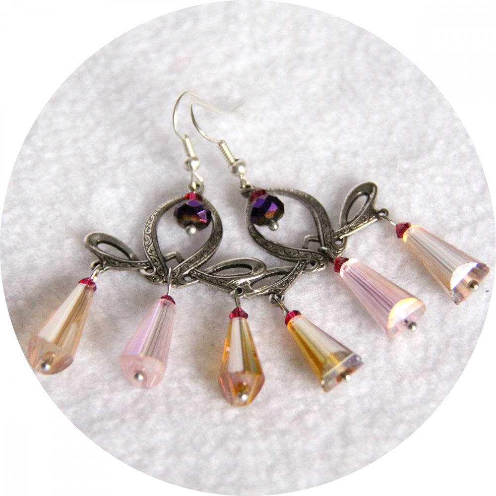 Boucles d'oreilles Art Nouveau argent et perles goutte en jaune et rose--9996133326357