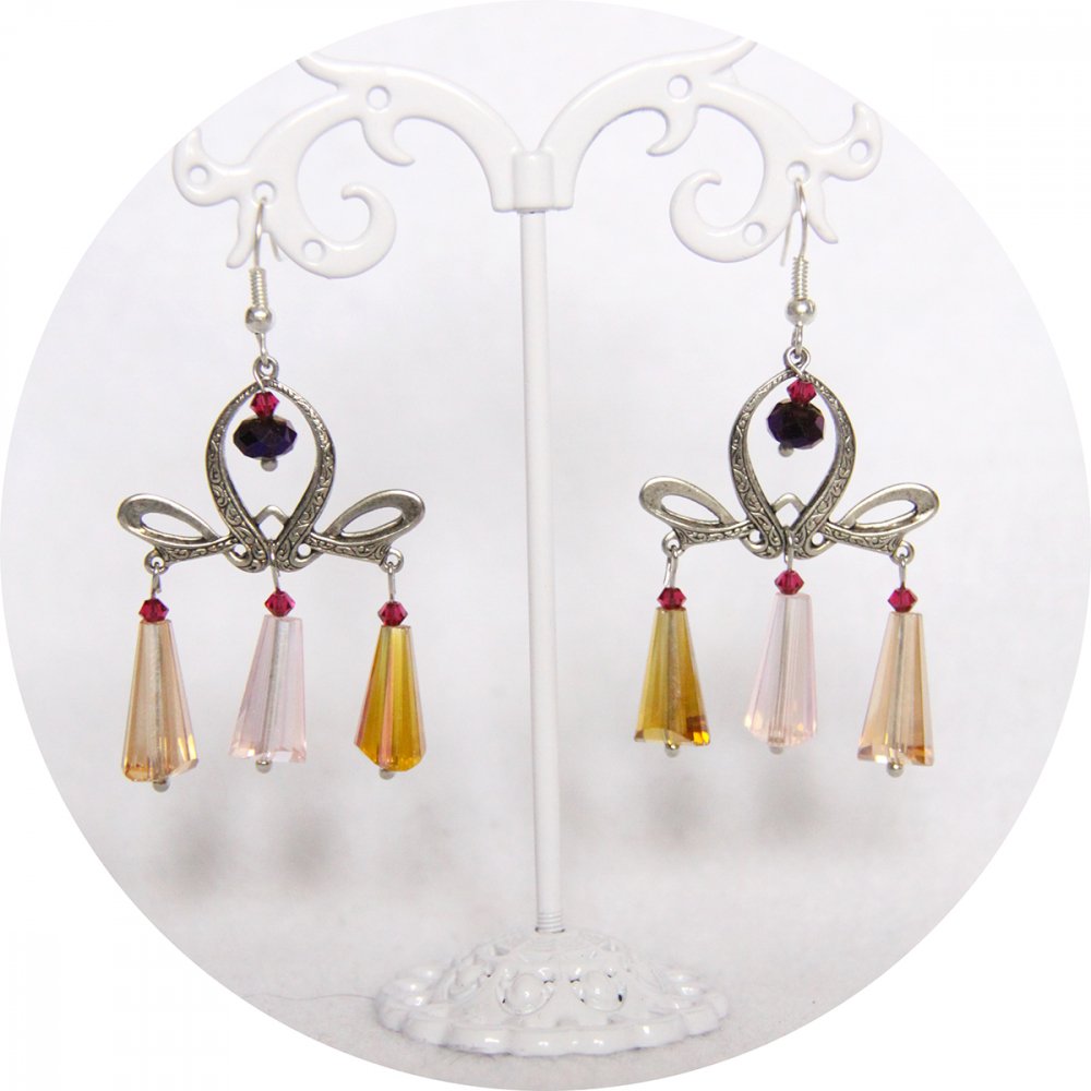 Boucles d'oreilles Art Nouveau argent et perles goutte en jaune et rose--9996133326357
