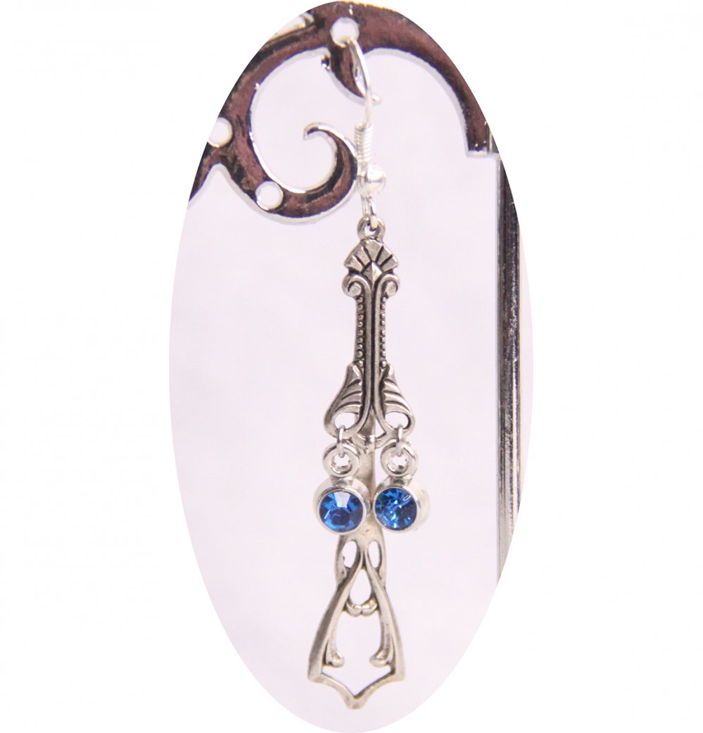 Boucles d'oreilles Art Nouveau argentées avec strass bleu--2226745015194