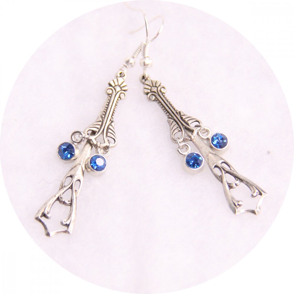 Boucles d'oreilles Art Nouveau argentées avec strass bleu--2226745015194