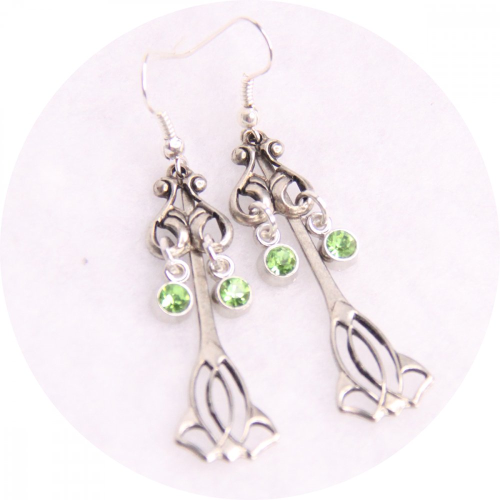 Boucles d'oreilles Art Nouveau argentées avec strass vert--2226745016412