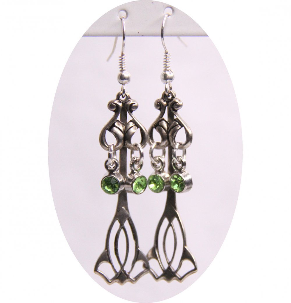 Boucles d'oreilles Art Nouveau argentées avec strass vert--2226745016412
