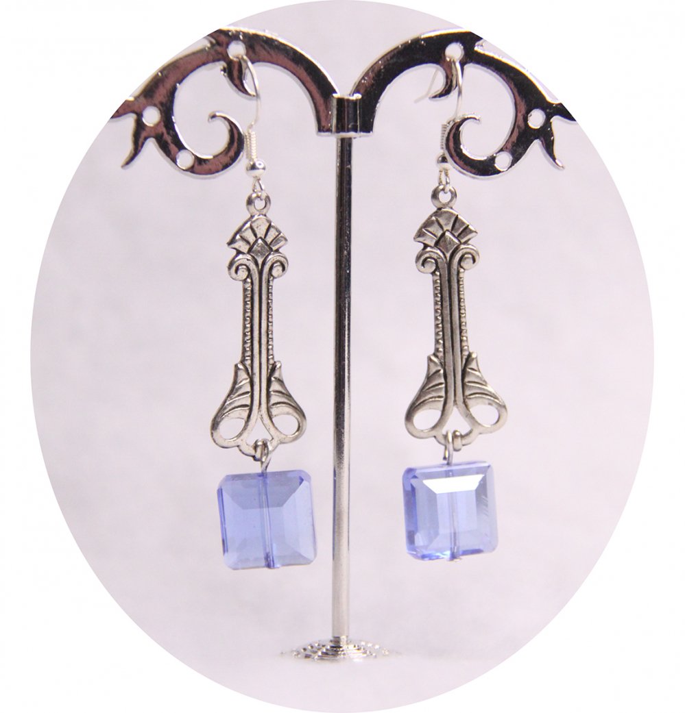 Boucles d'oreilles Art Nouveau argentées et bleu--2226745028149