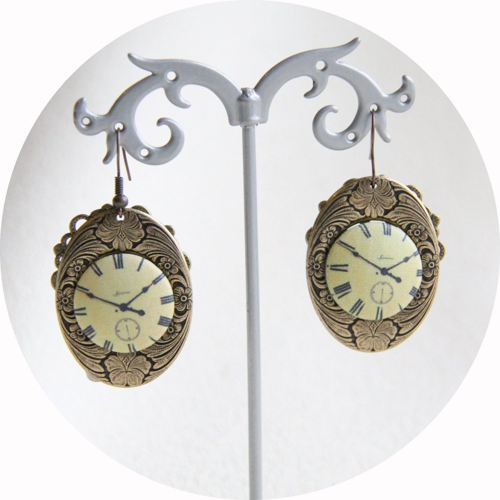Boucles d'oreilles ovales en laiton bronze et horloge--2226737039122