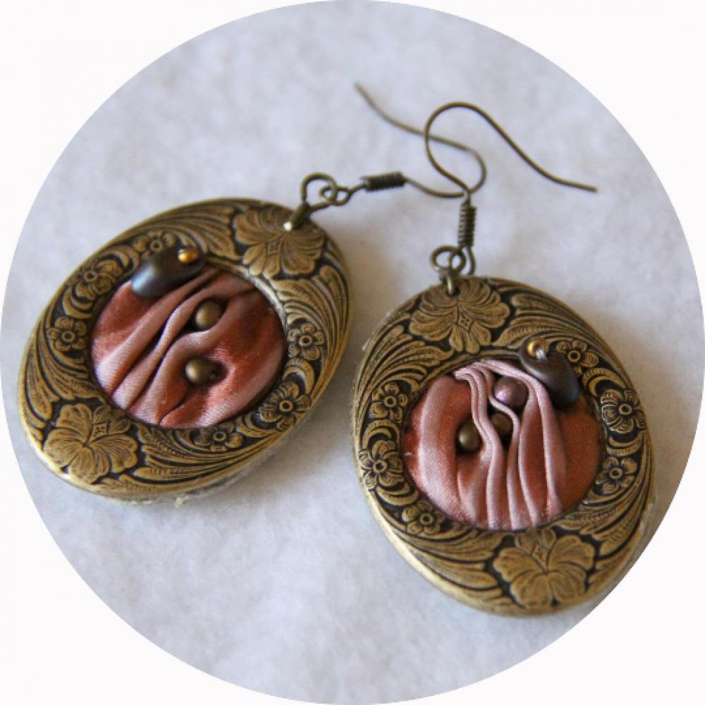 Boucles d'oreilles ovales en laiton bronze et ruban de soie shibori rouille--9996047851709