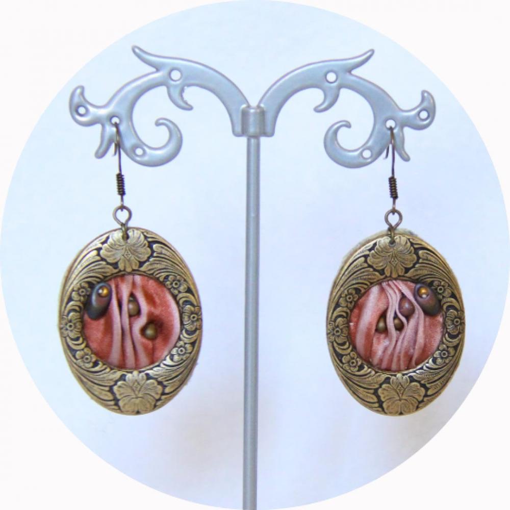 Boucles d'oreilles ovales en laiton bronze et ruban de soie shibori rouille--9996047851709