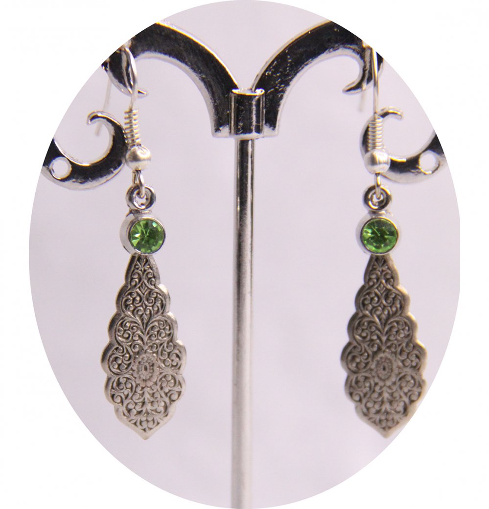 Boucles d'oreilles pendantes argent et strass vert--2226745067353