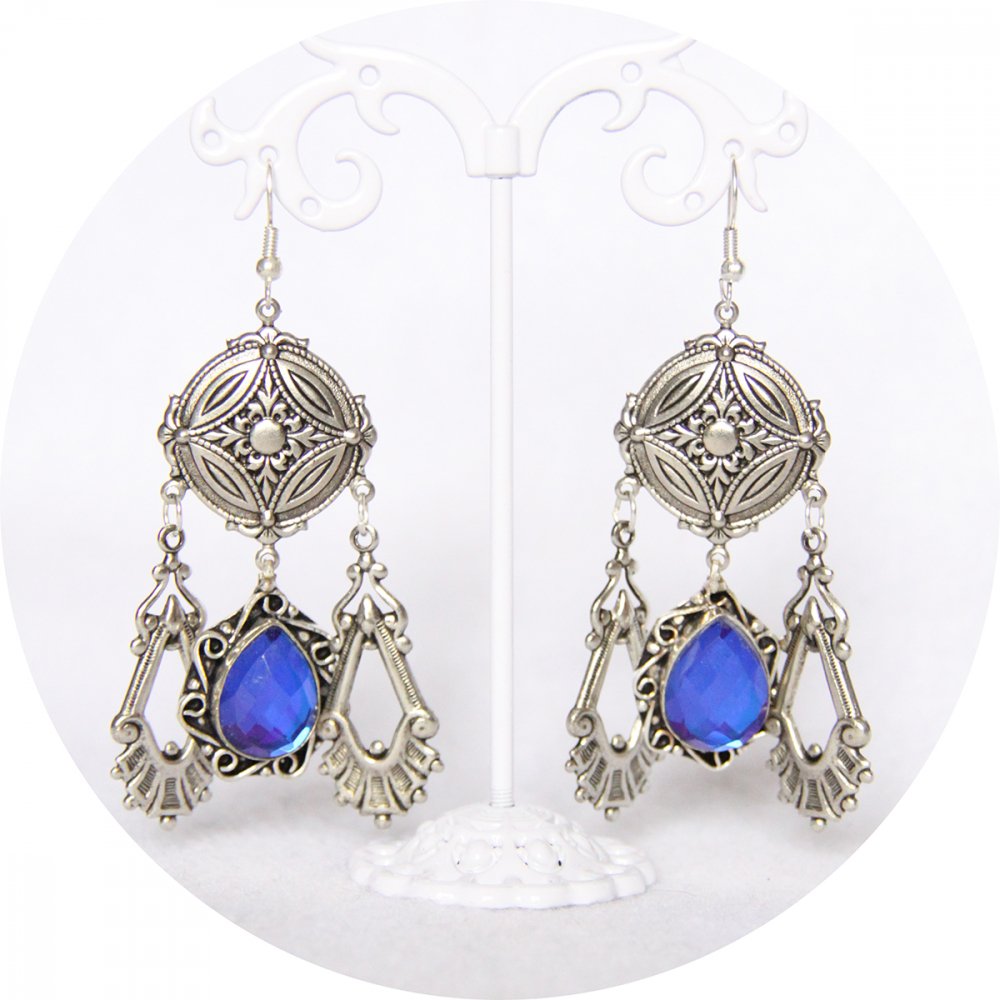 Boucles d'oreilles pendantes baroques argent et bleu saphir--9996134956089