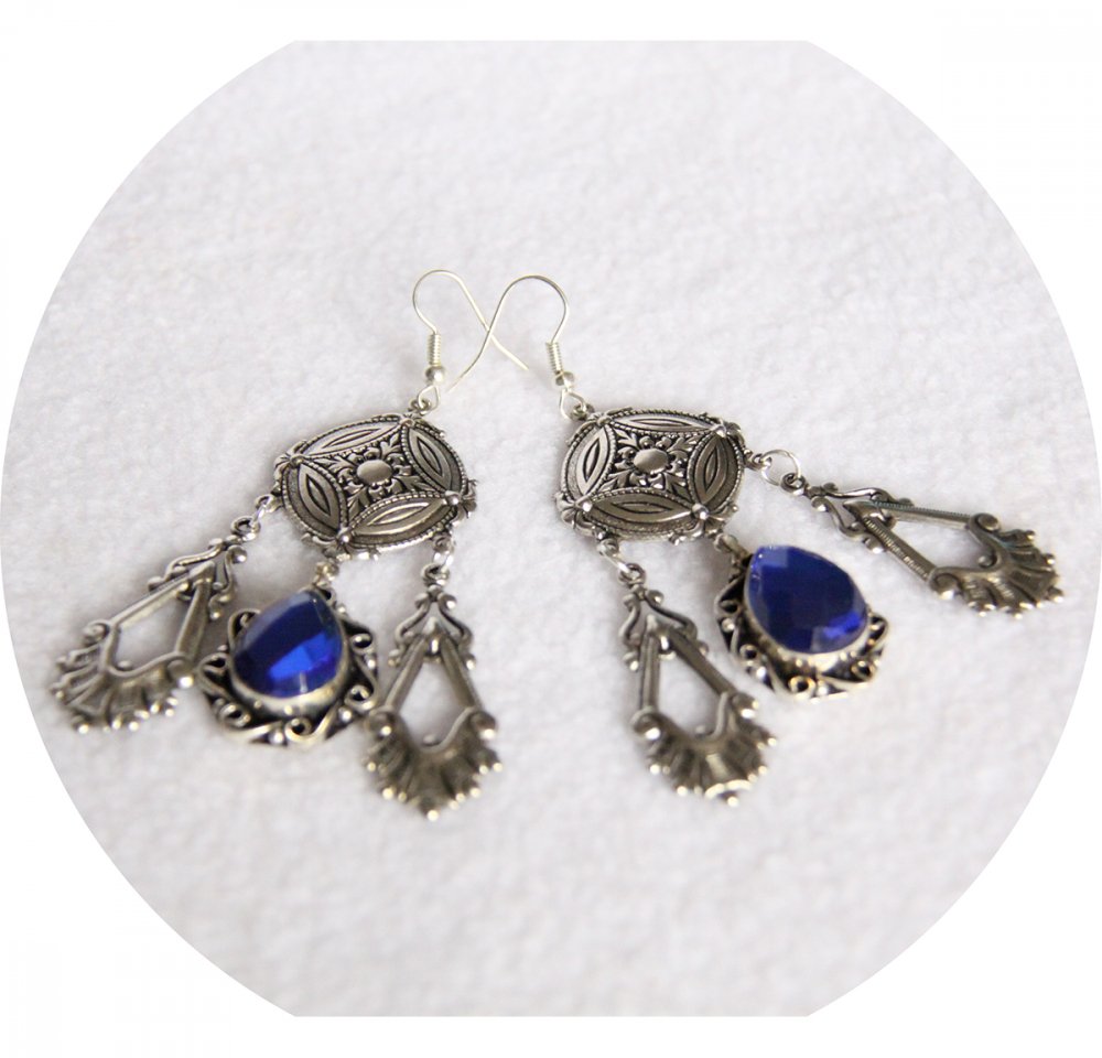 Boucles d'oreilles pendantes baroques argent et bleu saphir--9996134956089