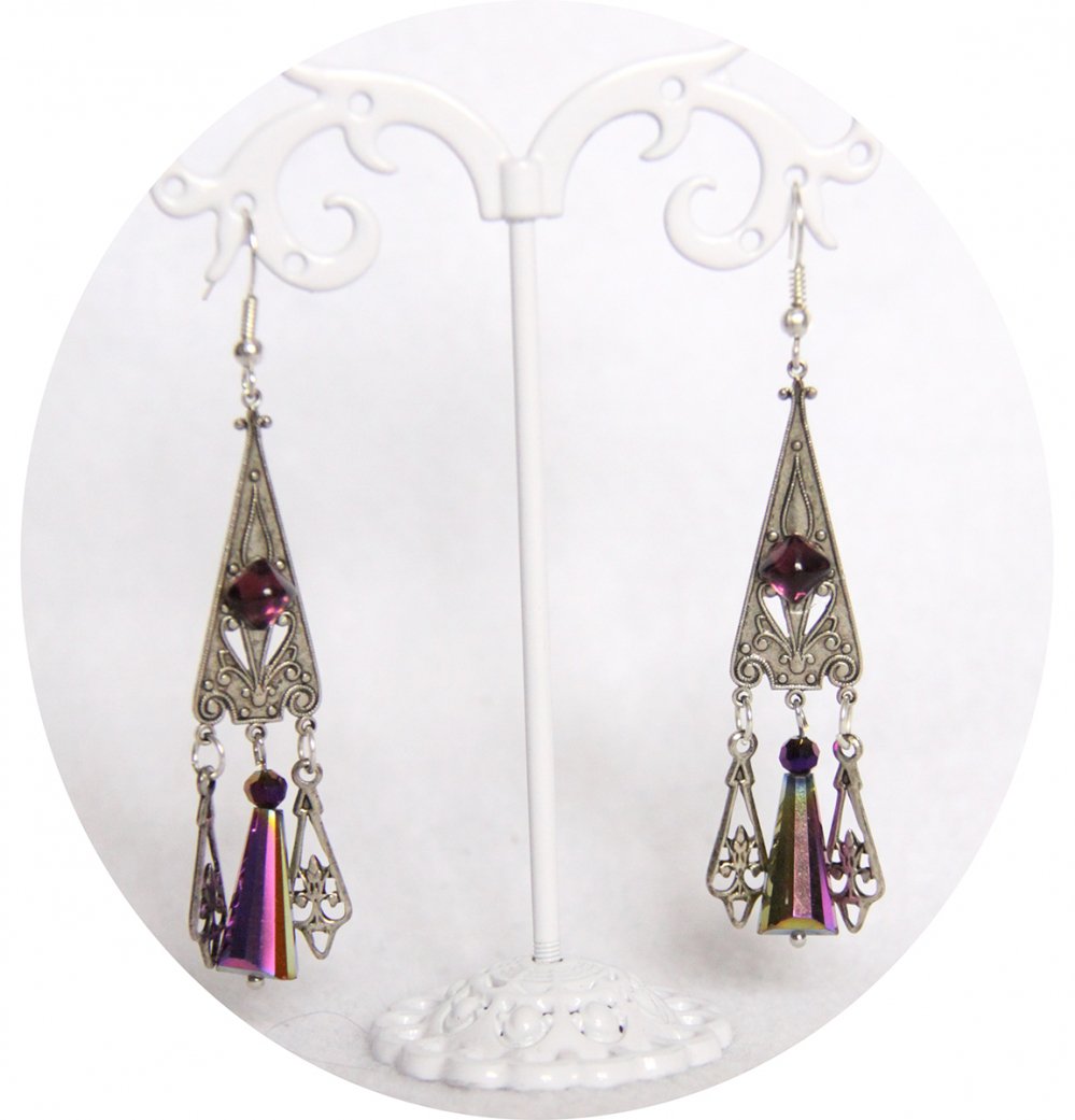 Boucles d'oreilles pendantes baroques argent et mauve--9996134950797