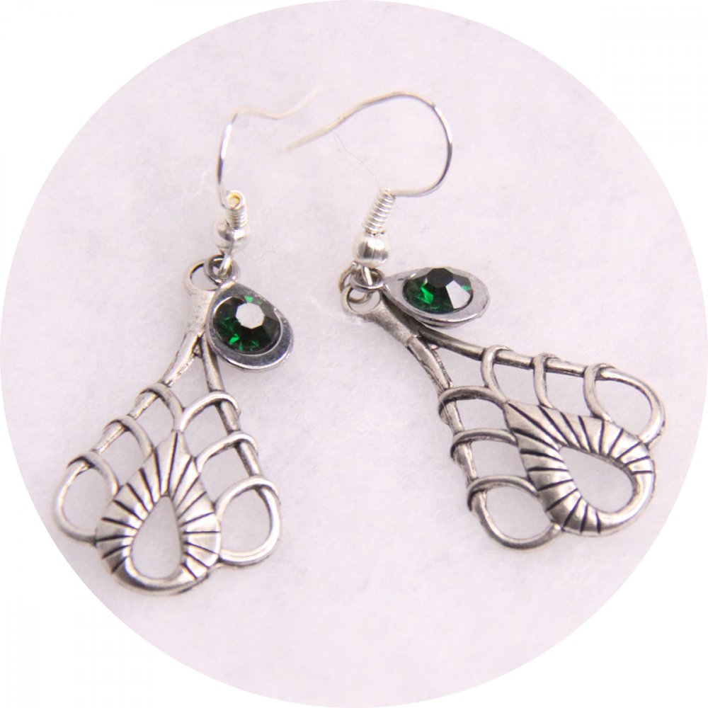 Boucles d'oreilles pendantes Elfiques argent et strass vert émeraude--2226745070872