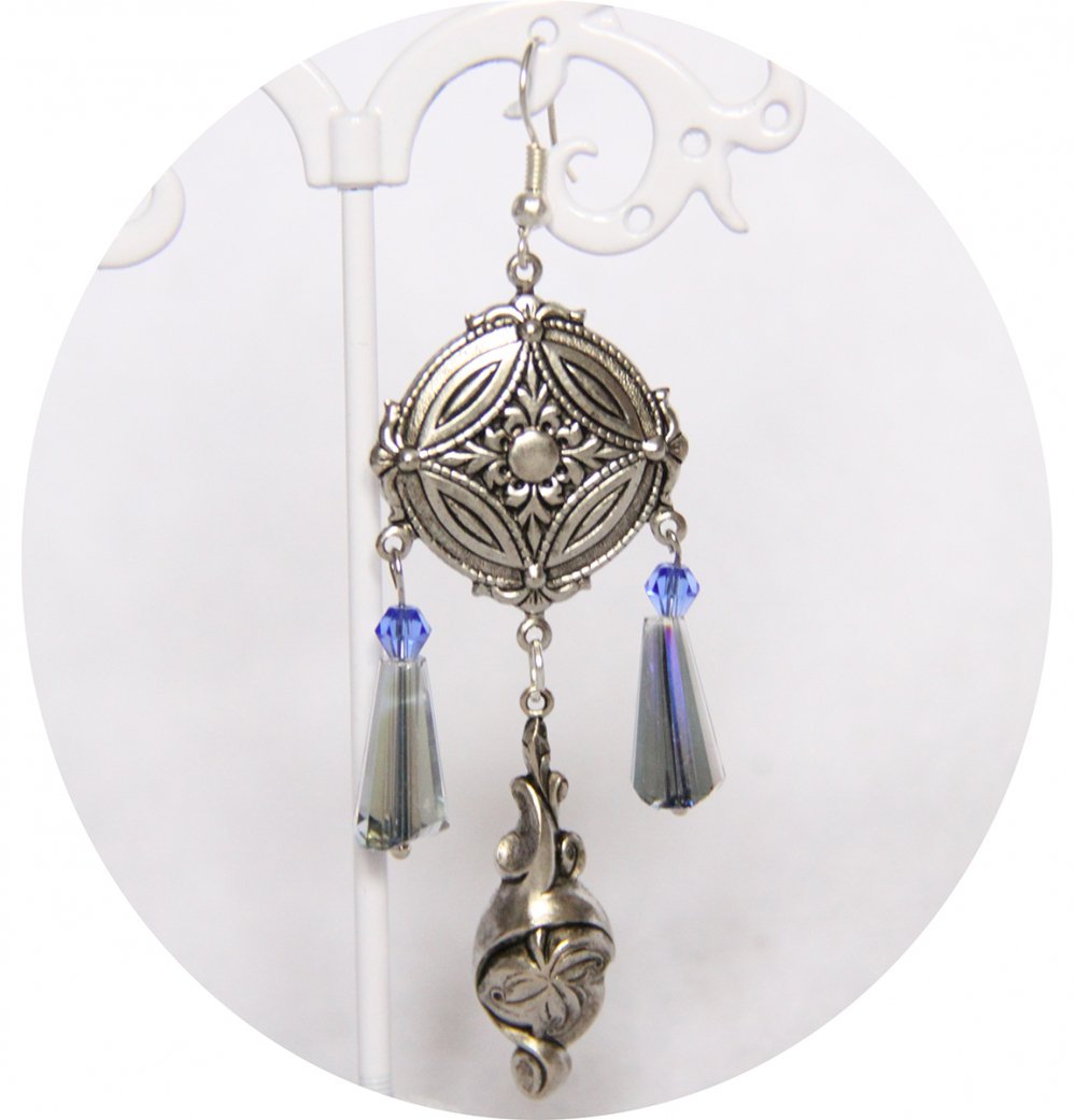 Boucles d'oreilles pendantes médiévales argent et bleu ou mauve--9996134962431