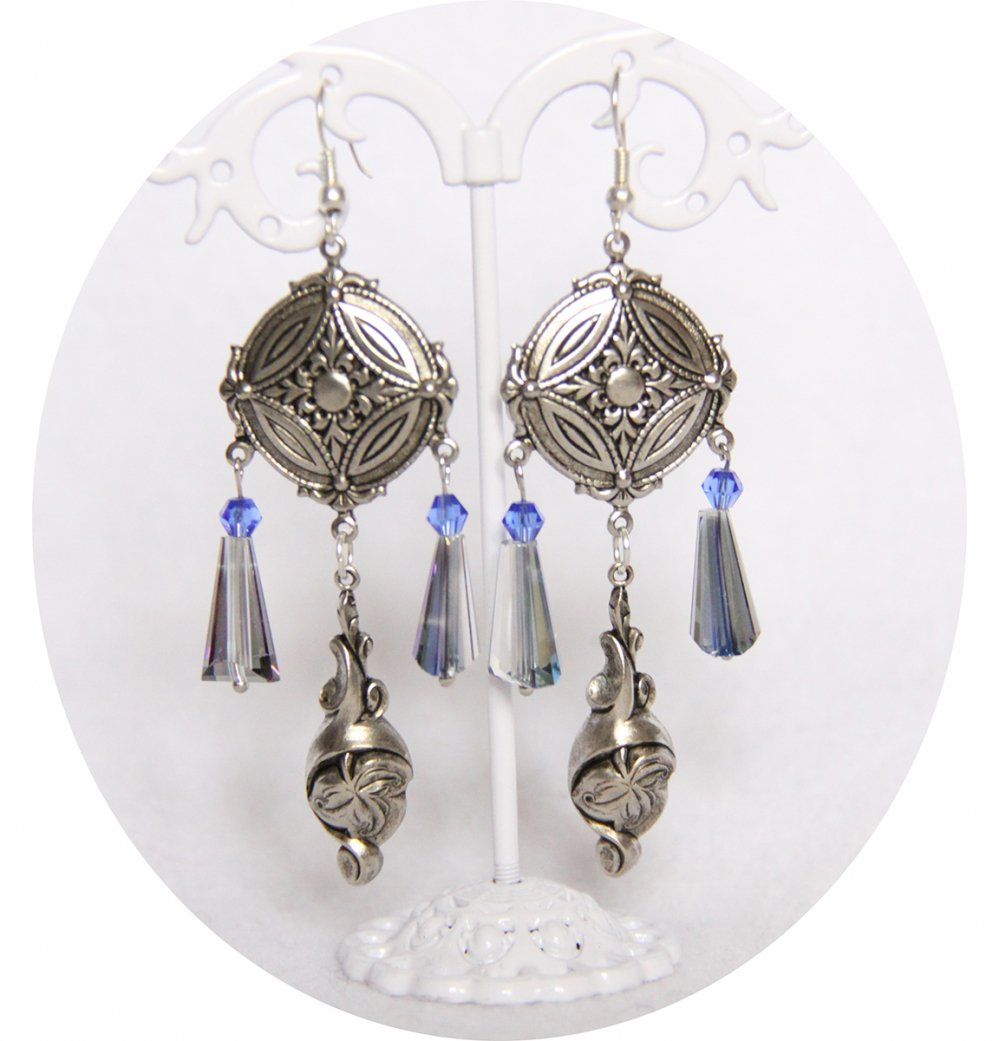 Boucles d'oreilles pendantes médiévales argent et bleu ou mauve--9996134962431