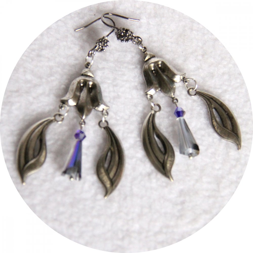 Boucles d'oreilles pendantes Art Nouveau argent et bleu ou vert--9996134976209