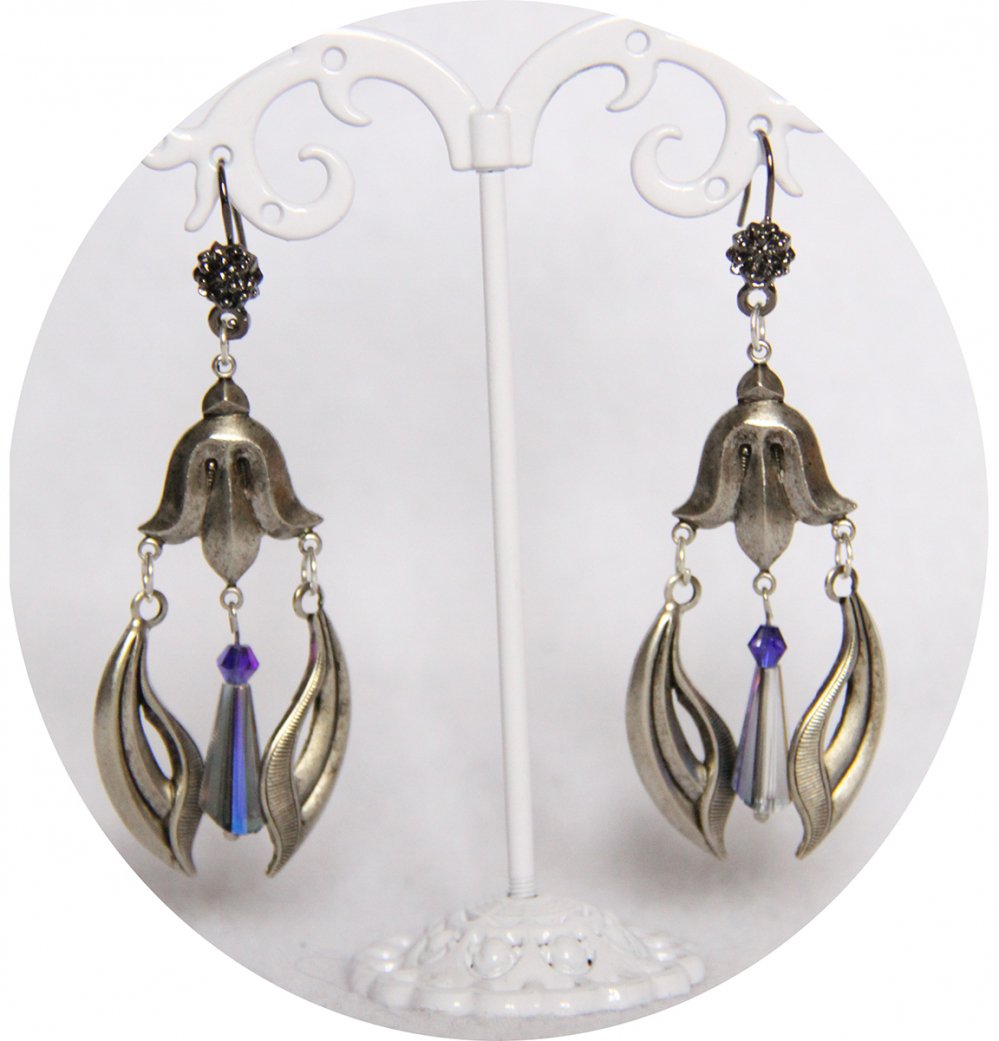 Boucles d'oreilles pendantes Art Nouveau argent et bleu ou vert--9996134976209