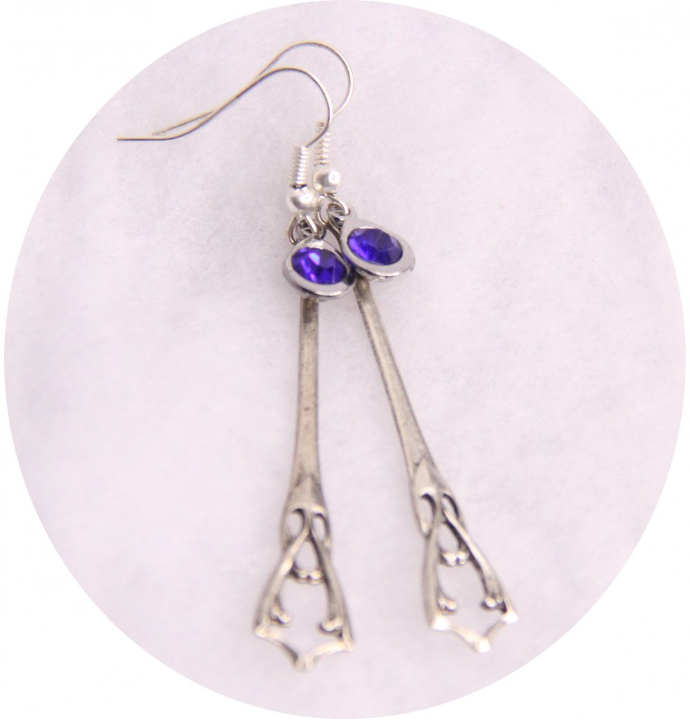 Boucles d'oreilles pendantes Art Nouveau argent et strass bleu--2226745071787