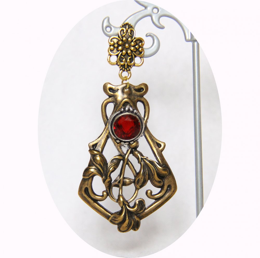 Boucles d'oreilles pendantes Art Nouveau rouge rubis et estampe en laiton doré--9995932385190