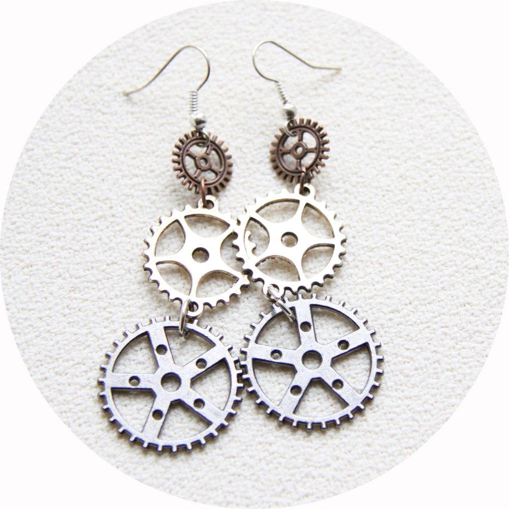 Boucles d'oreilles pendantes Steampunk rouages argent et cuivre--9995863765528