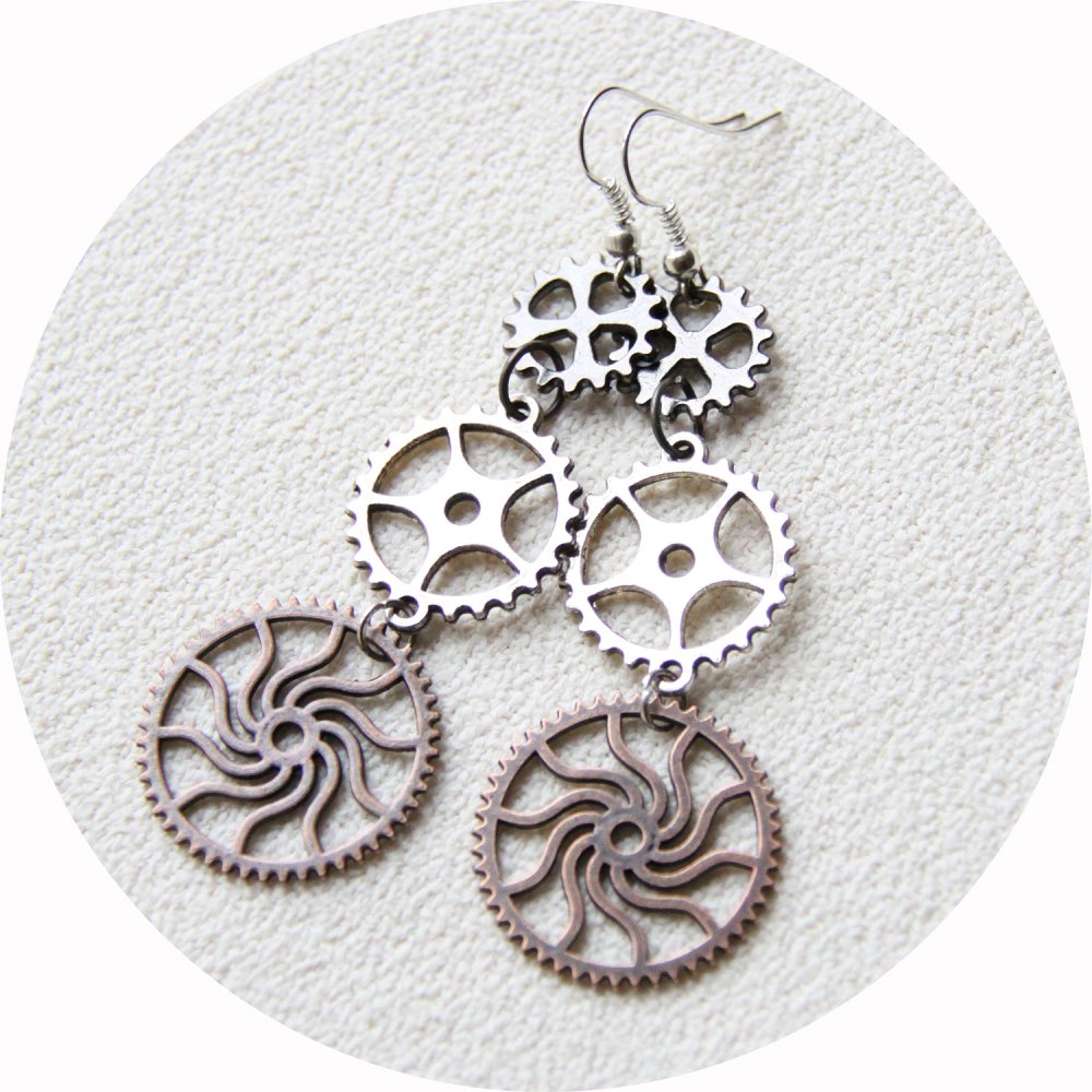 Boucles d'oreilles pendantes Steampunk rouages argent et cuivre--9995863765528