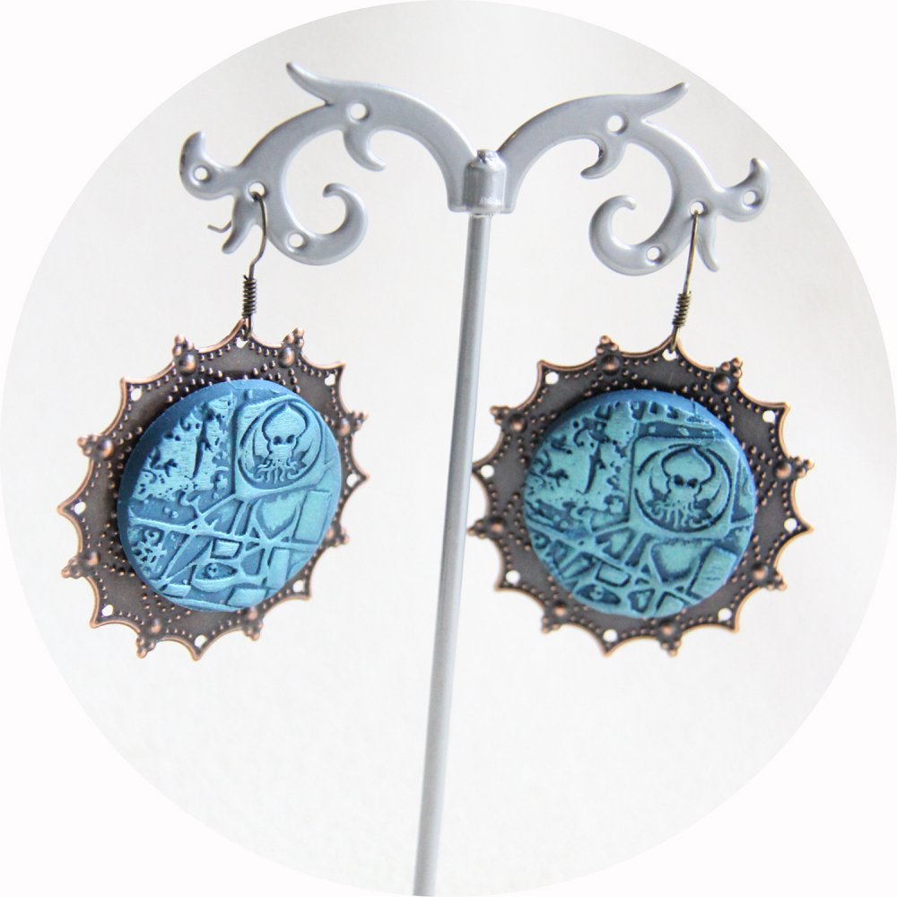 Boucles d'oreilles pendantes Steampunk thème Cthulhu bleu et cuivre--9995863755048