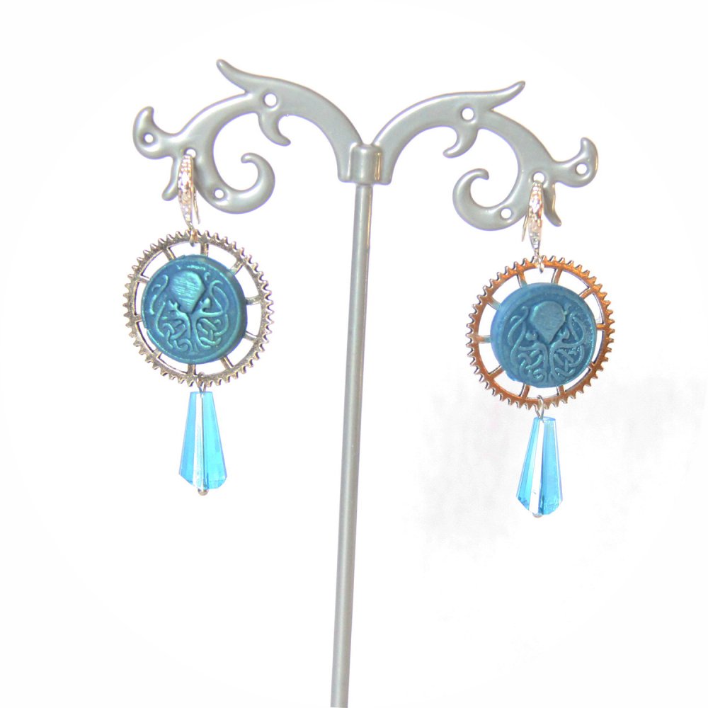 Boucles d'oreilles pendantes Steampunk thème mini Cthulhu bleu et argent goutte--9995868073260