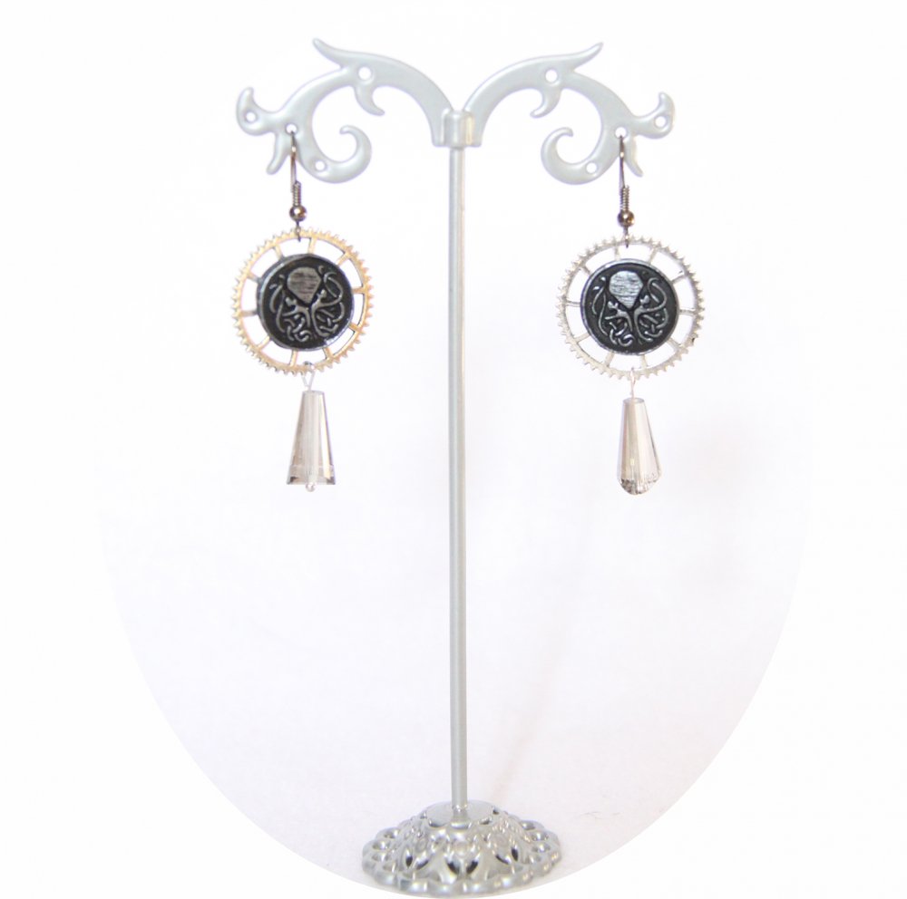 Boucles d'oreilles pendantes Steampunk thème mini Cthulhu noir et argent goutte--9995868085362