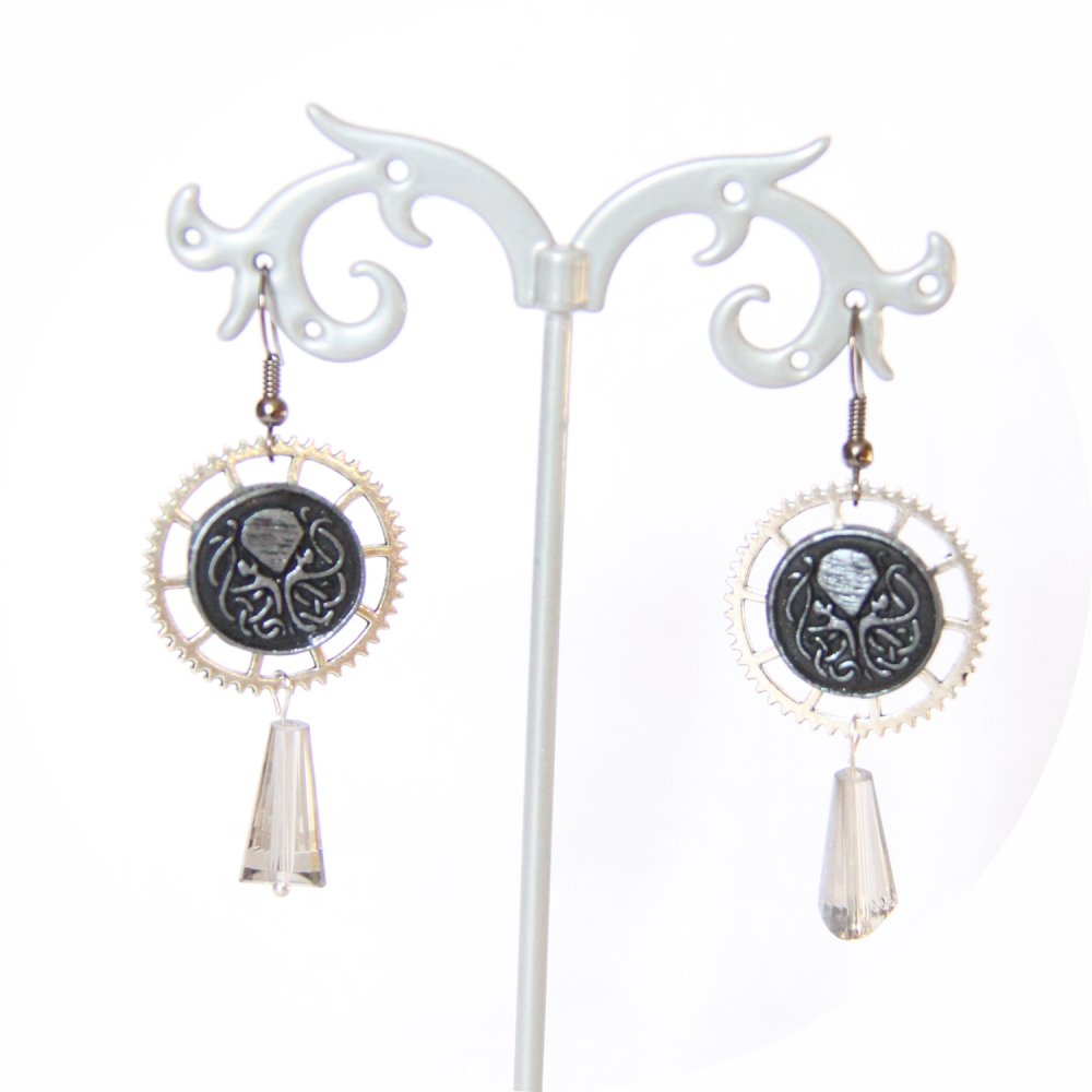 Boucles d'oreilles pendantes Steampunk thème mini Cthulhu noir et argent goutte--9995868085362